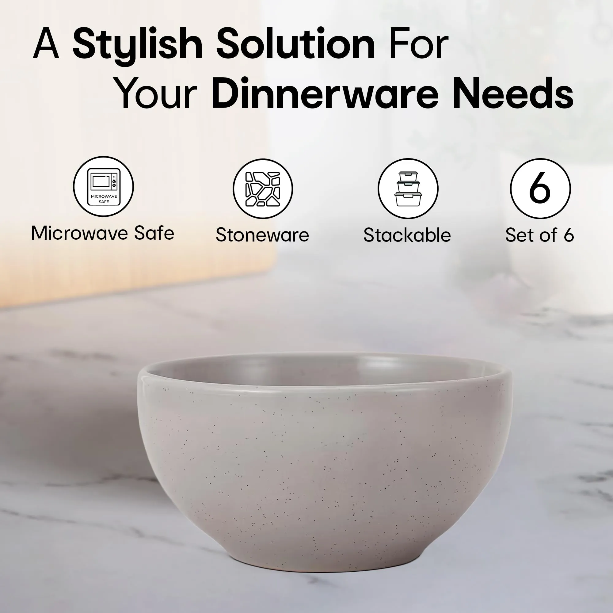 Anko 5.5" Glazed Stoneware Bowls - Set of 6 | Premium Crockery for Dining Table Ideal for Serving Soup, Salad, Dessert | Designer Bowls for Home, Kitchen, Restaurant | Speckled White