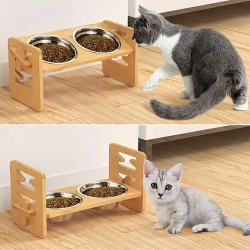 Elevated Cat Bowls - Adjustable Feeder - Bamboo Frame
