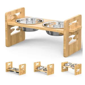 Elevated Cat Bowls - Adjustable Feeder - Bamboo Frame