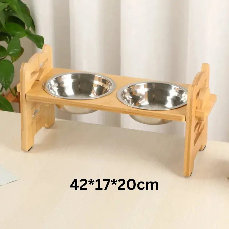 Elevated Cat Bowls - Adjustable Feeder - Bamboo Frame