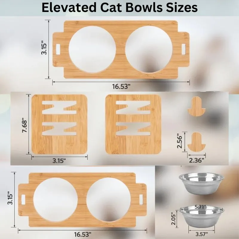 Elevated Cat Bowls - Adjustable Feeder - Bamboo Frame