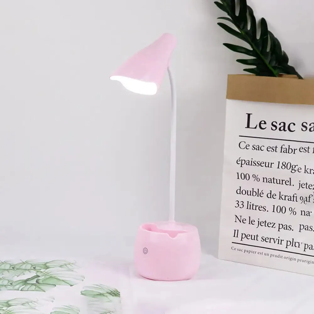 Flexible Gooseneck LED Desk Light with Pen Holder in Blue/Pink/White/Yellow, USB Charging, Eye-Caring for Reading