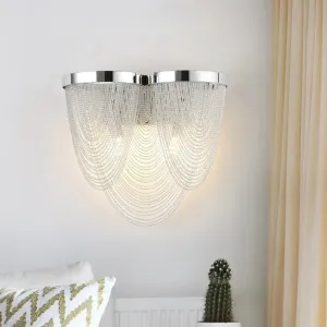 Modern Silver Tassel Wall Light with Rippling Chain Design - 2-Bulb Aluminum Sconce for Sitting Room Vogue Lighting