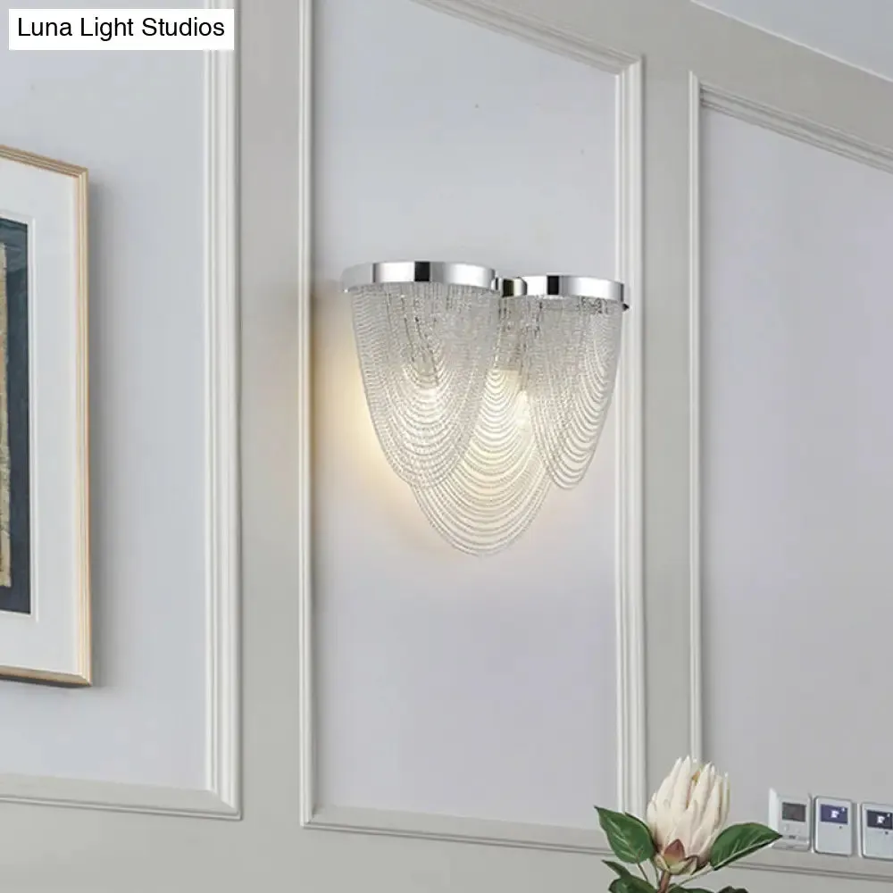 Modern Silver Tassel Wall Light with Rippling Chain Design - 2-Bulb Aluminum Sconce for Sitting Room Vogue Lighting