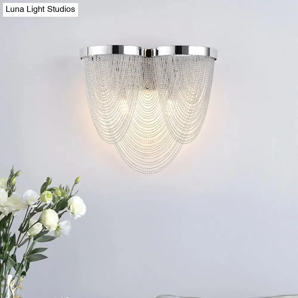 Modern Silver Tassel Wall Light with Rippling Chain Design - 2-Bulb Aluminum Sconce for Sitting Room Vogue Lighting