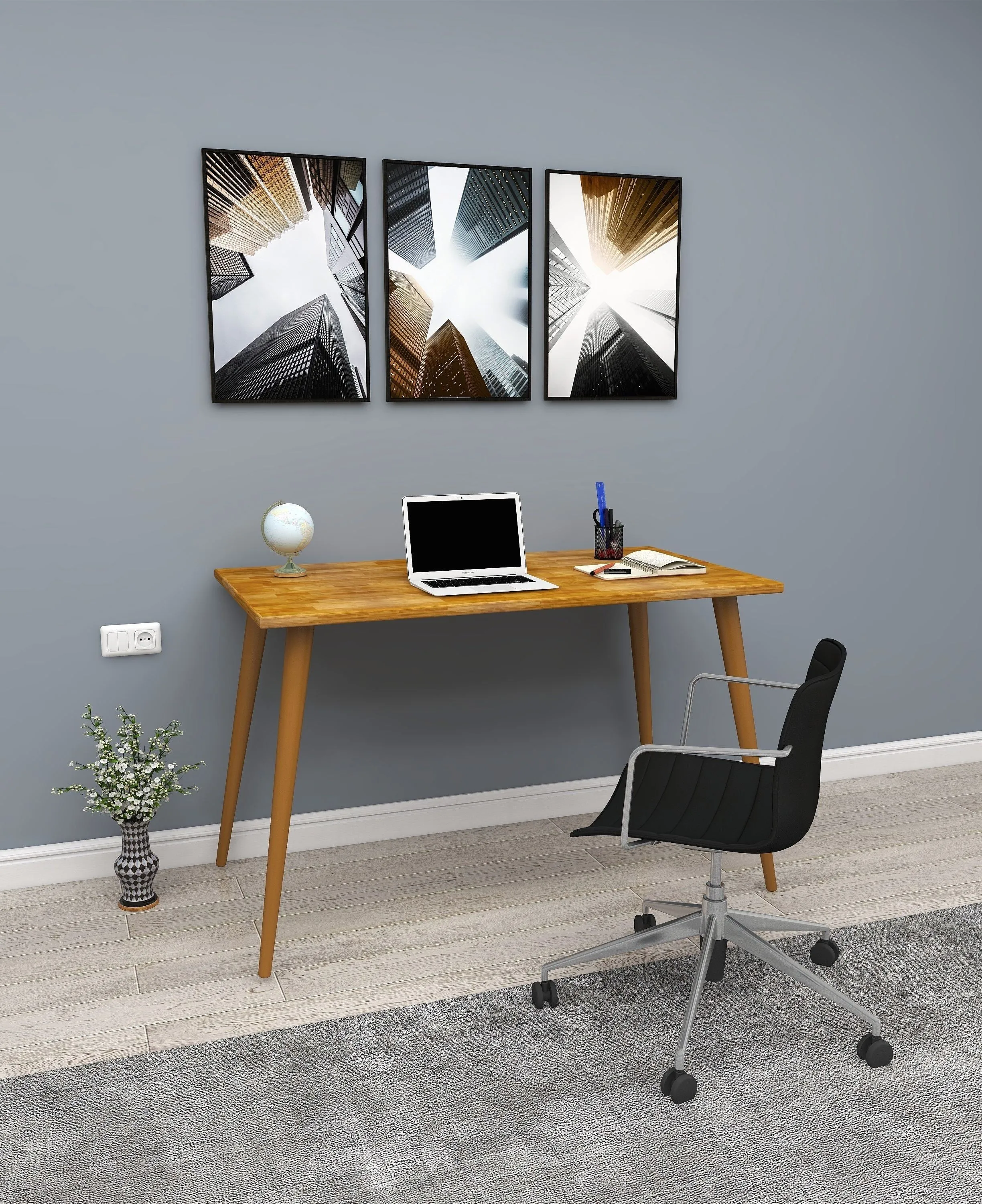 Solid Pine Wood Handmade Computer Desk with Beechwood Legs Ilana