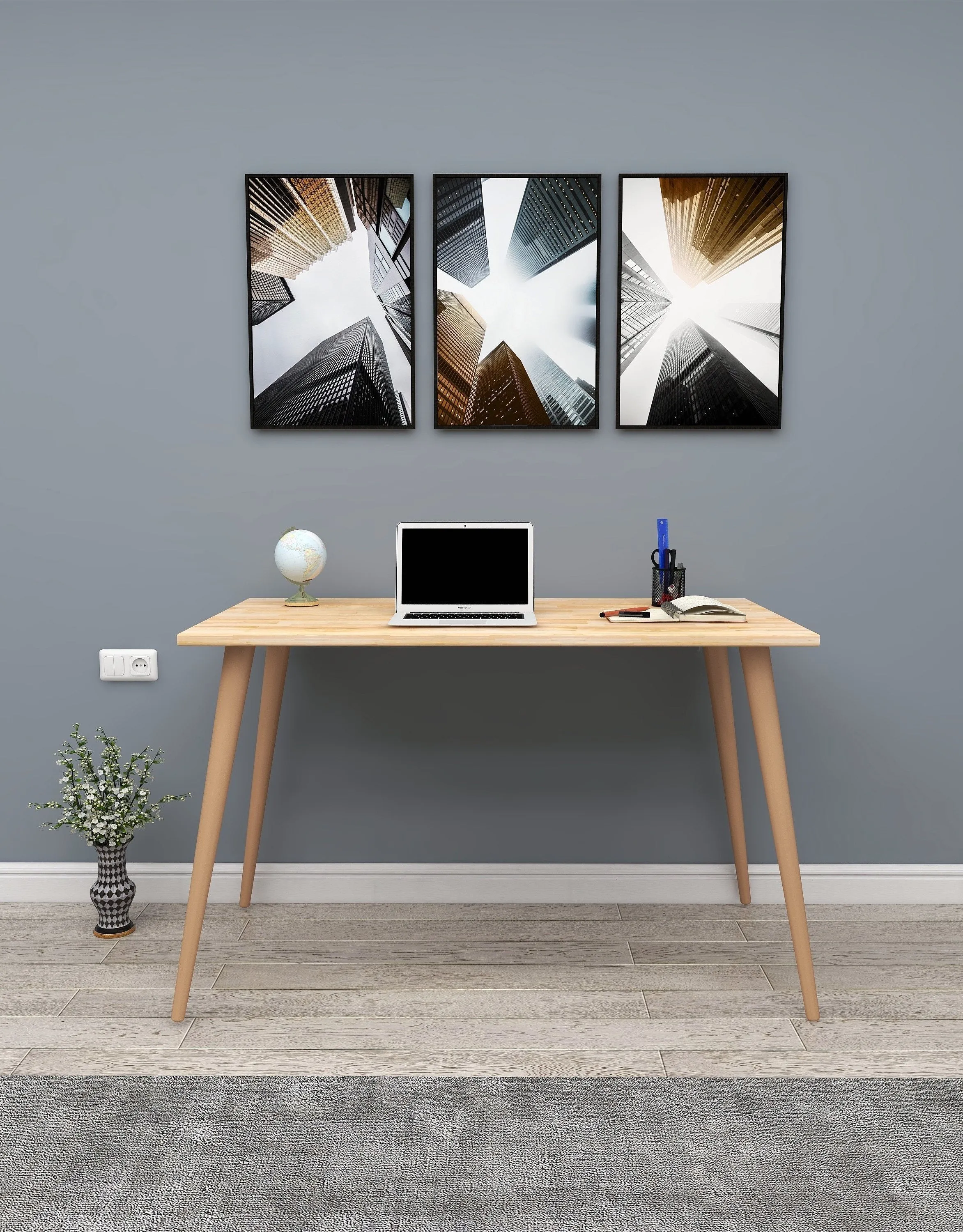Solid Pine Wood Handmade Computer Desk with Beechwood Legs Ilana