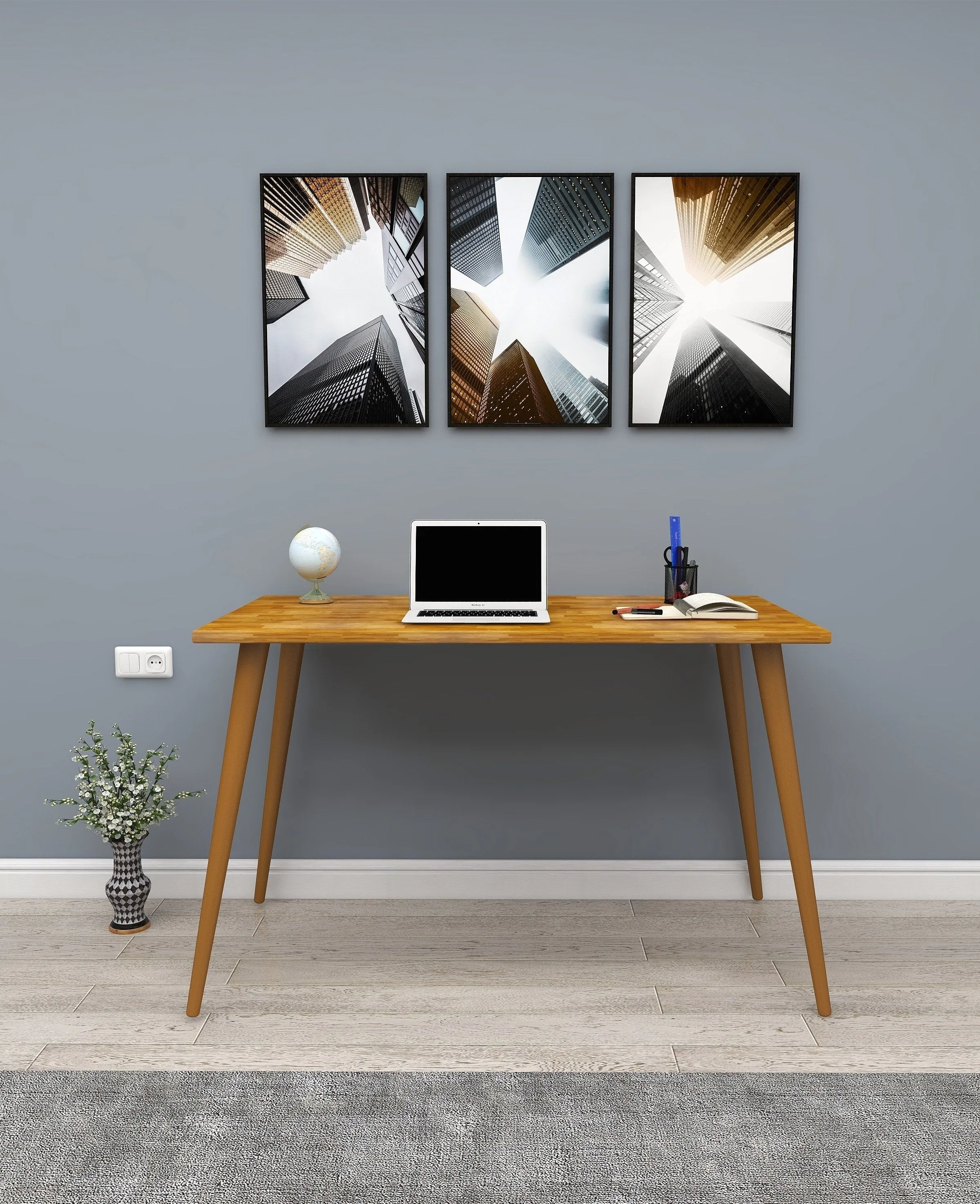 Solid Pine Wood Handmade Computer Desk with Beechwood Legs Ilana