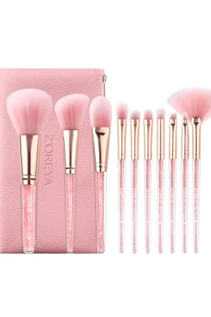 Z'oreya 10 Super Soft Pink Crystal Makeup Brush Set Pink Leather Bag